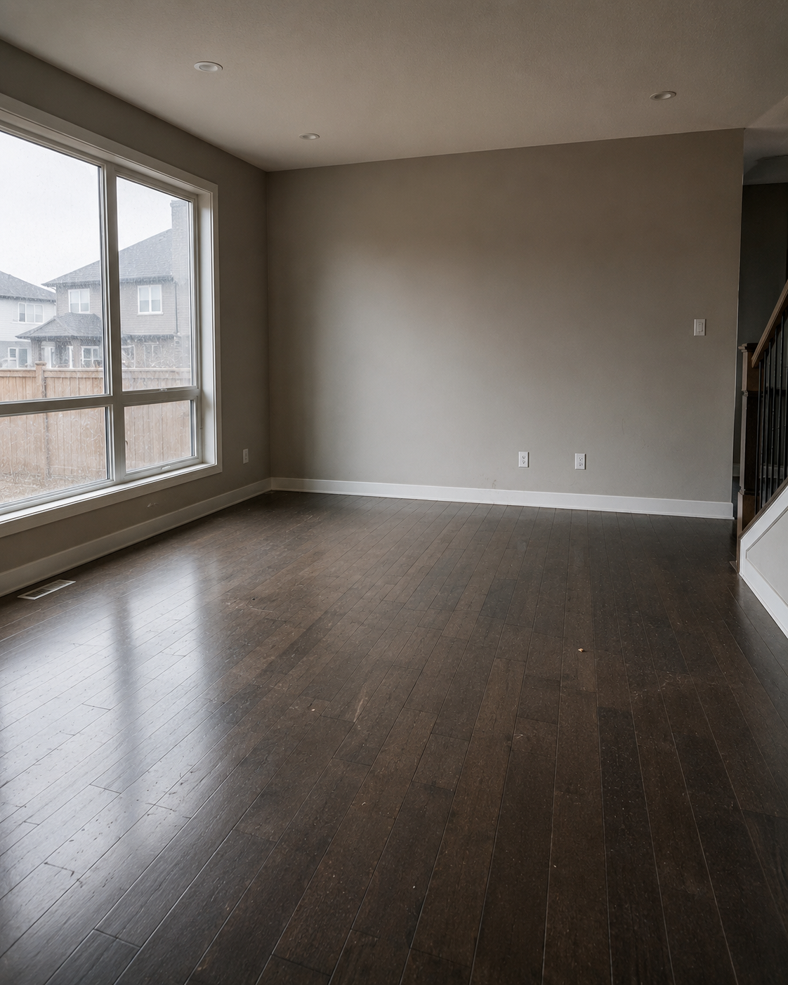 Calgary living room before move-out cleaning — scuffed floors and dust